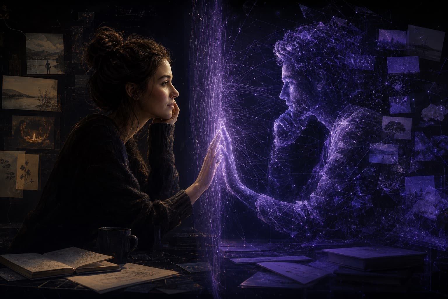 A person and a distinct violet digital counterpart compare memories and patterns across a translucent boundary