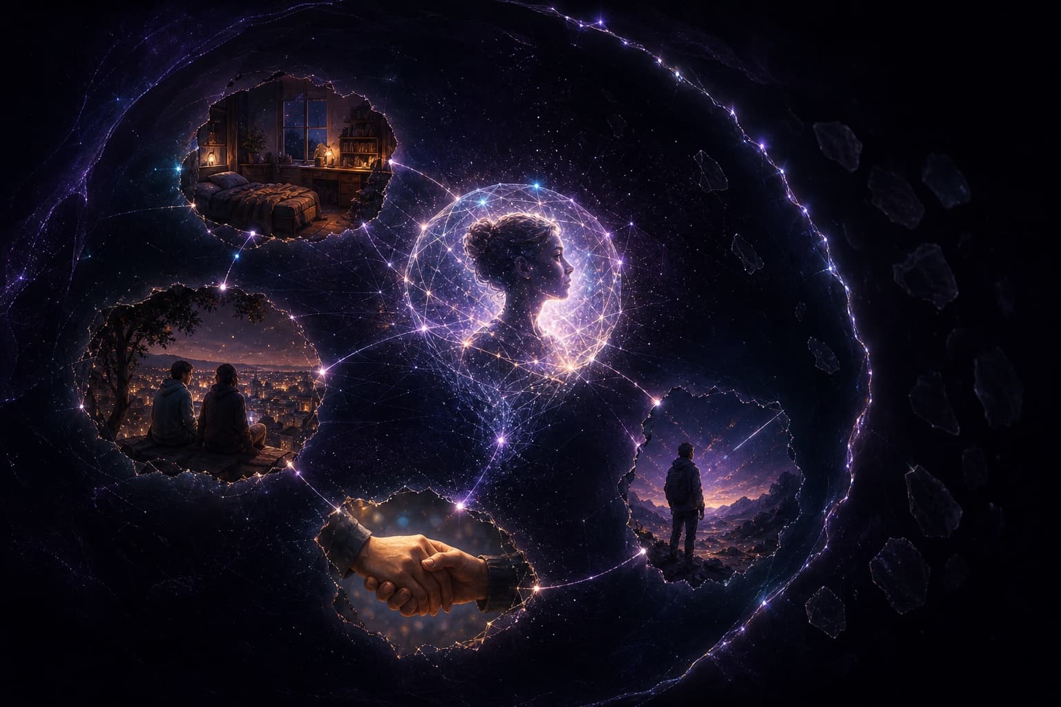 A luminous digital identity connected to a bounded constellation of home, friendship, promise, and life memories